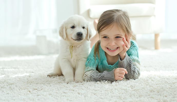 Smiling girl and puppy on a clean white carpet