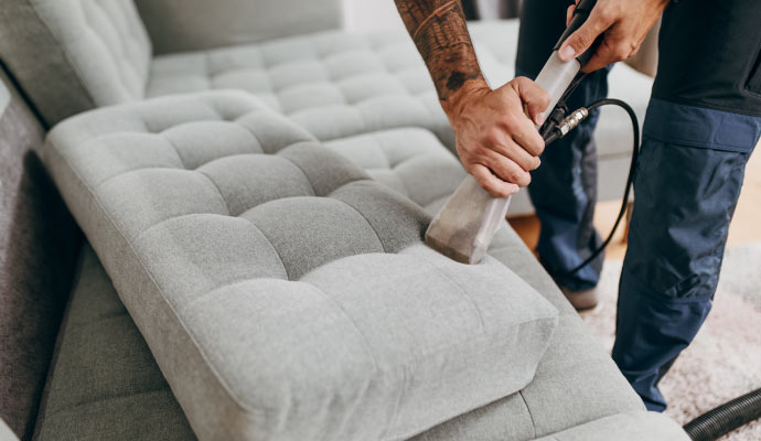 An expert cleaning an upholstered sectional sofa using specialized equipment
