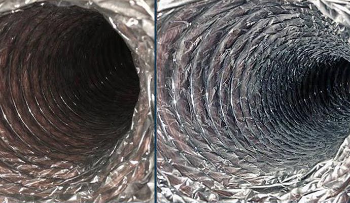 Before and after collage of dirty and clean air duct