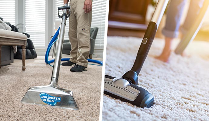 Collage of professional and DIY carpet cleaning process