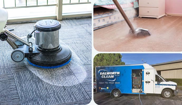 Collage of shampoo, steam, and truck mounted carpet cleaning