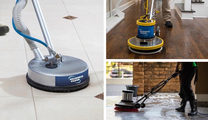 Collage of professional tile wood and concrete floor cleaning