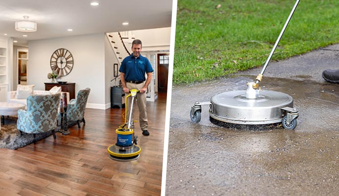 Collage of  wood floor and concrete cleaning services